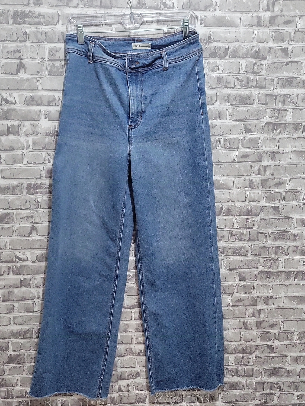 Oat New York High Rise Wide Leg Jeans in Medium Blue Raw Hem Womens 10×30